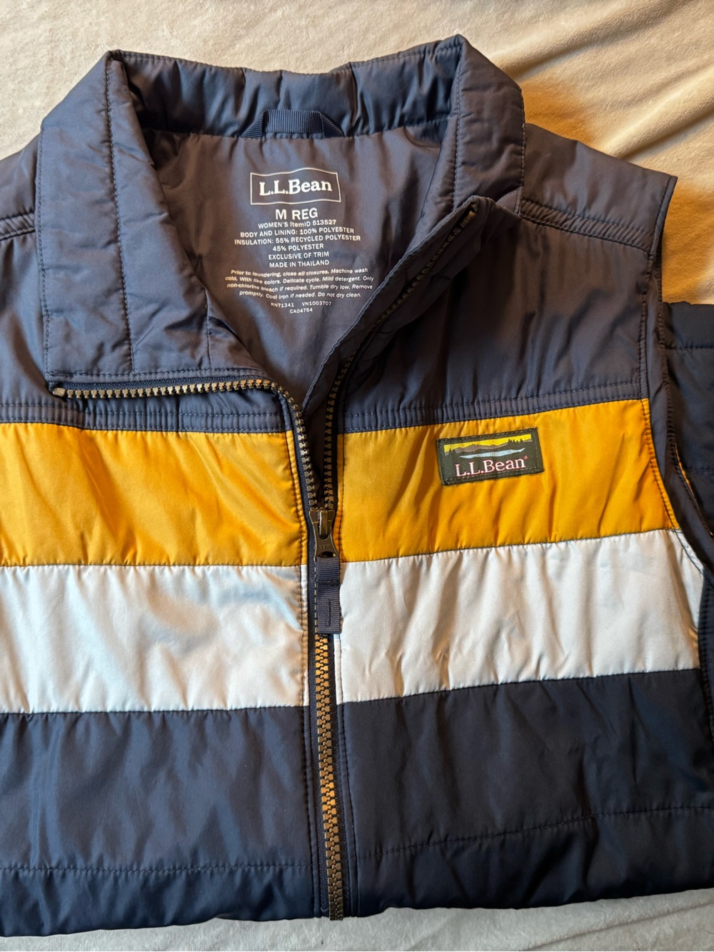 L.L. Bean women’s Colorblock Puffer Vest in Navy, Yellow, White